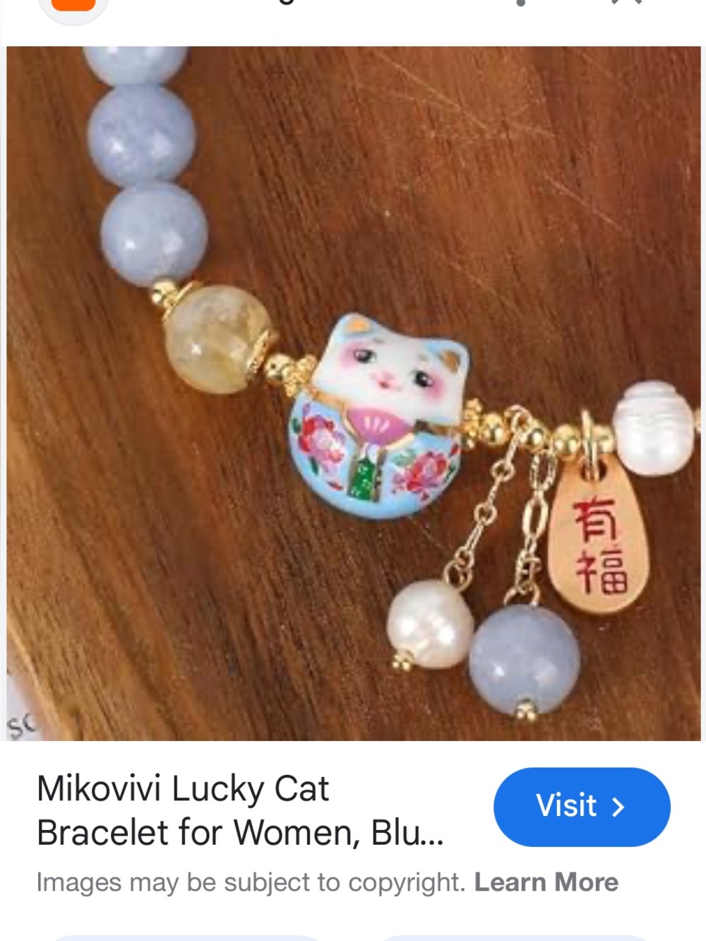 Maneki Neko Bead Stretch Bracelet in Light Blue and Gold